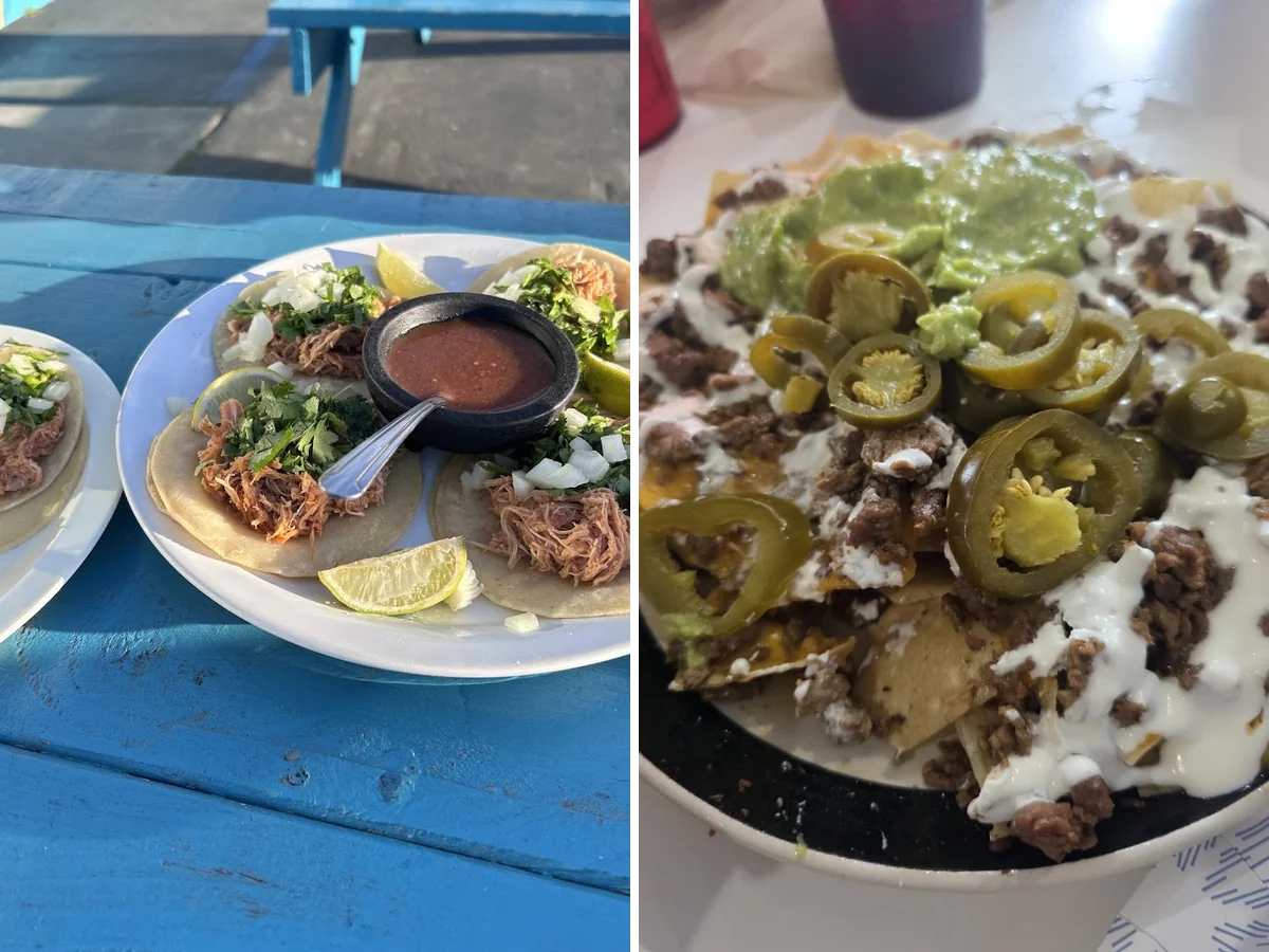 Colorful plates of Mexican food on a table.