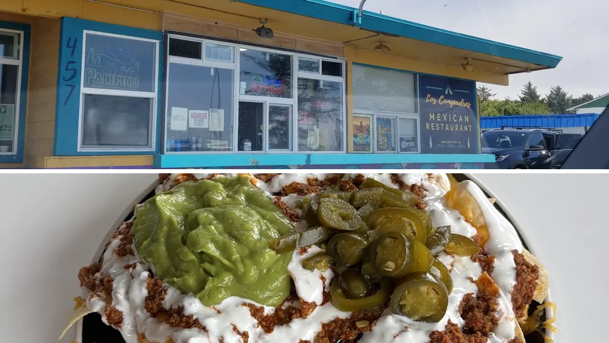 Outdoor seating beside a Mexican restaurant storefront.