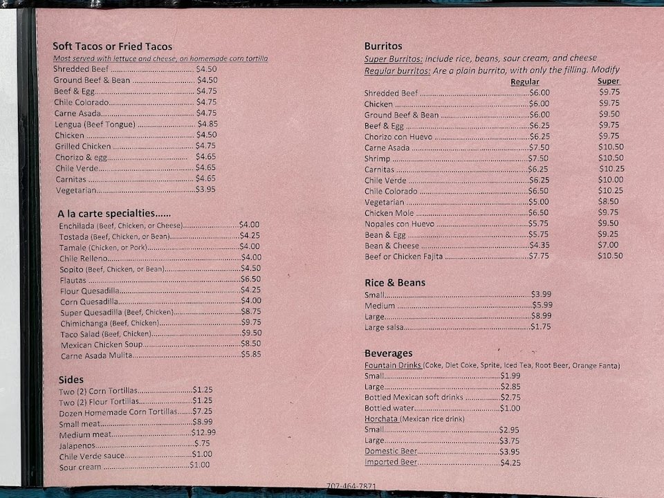 Mexican menu featuring homemade tortillas and tacos.
