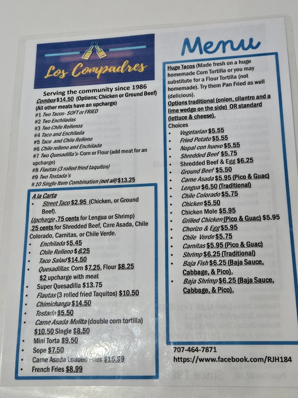 Printed menu with burritos, plates, and sides.